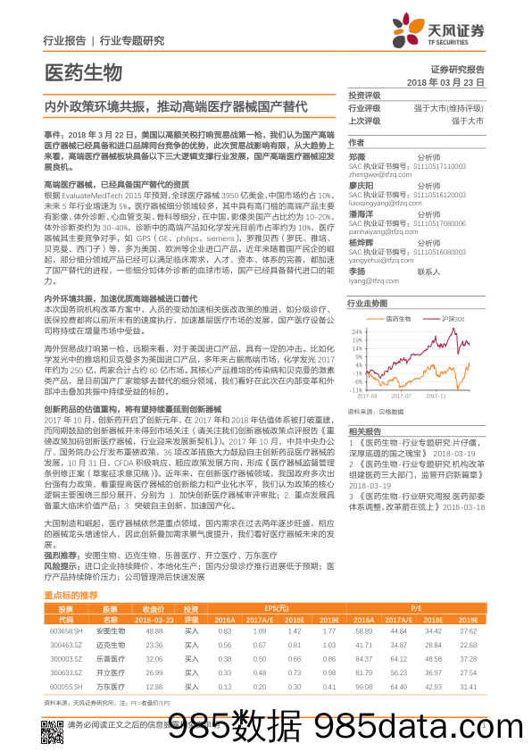 医药生物行业专题研究：内外政策环境共振，推动高端医疗器械国产替代_天风证券