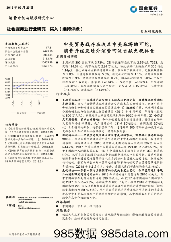 社会服务业行业研究周报：中美贸易战存在波及旅游的可能 ，消费升级及境外回流贡献免税体量_国金证券