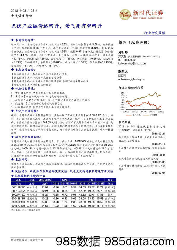 电气设备行业研究周报：光伏产业链价格回升，景气度有望回升_新时代证券