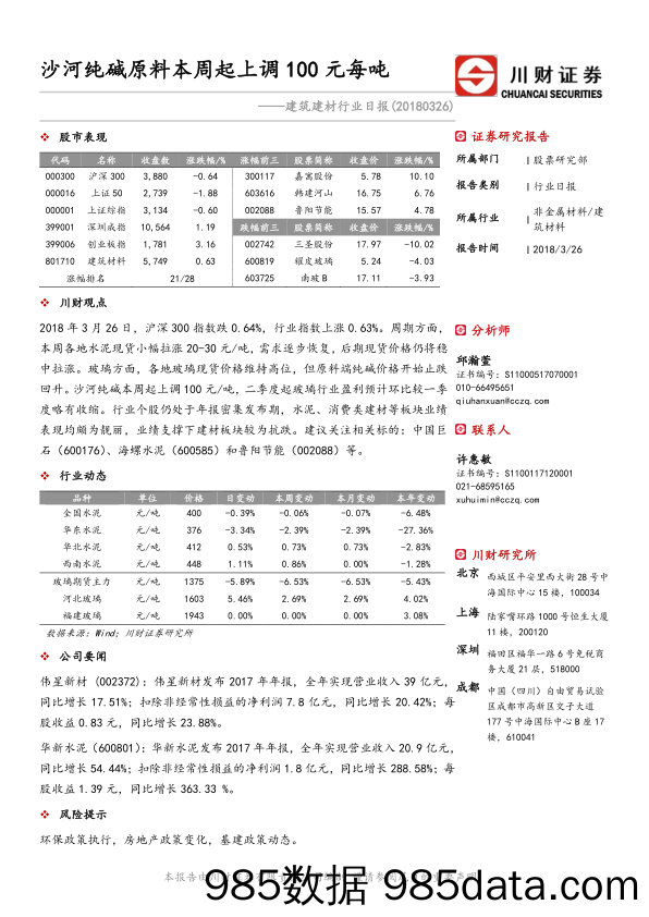 建筑建材行业日报：沙河纯碱原料本周起上调100元每吨_川财证券