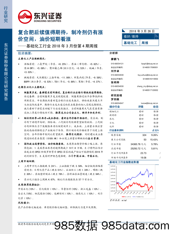 基础化工行业2018年3月份第4期周报：复合肥后续值得期待，制冷剂仍有涨价空间，油价短期看涨_东兴证券