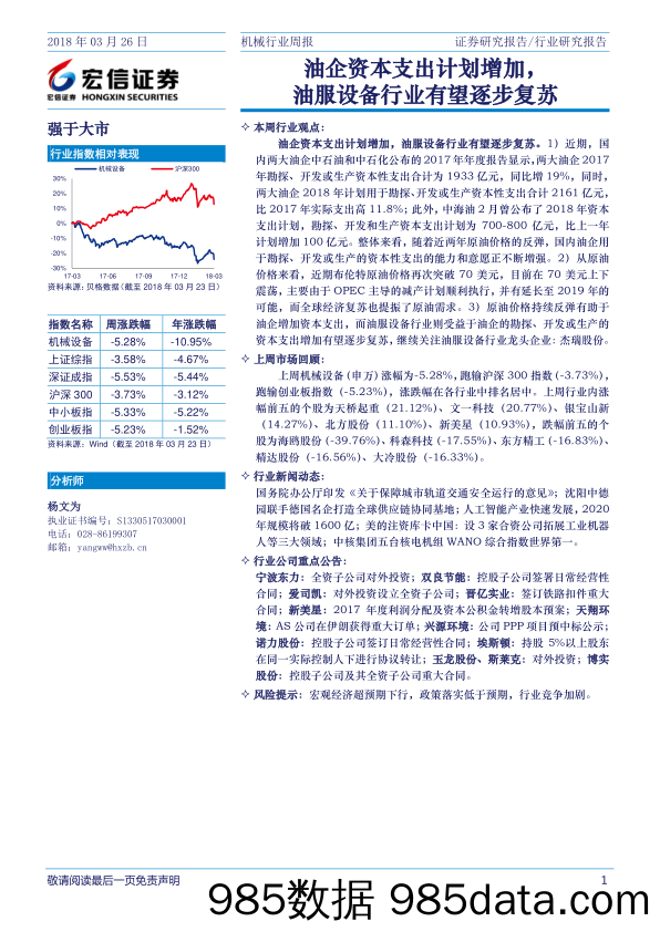 机械行业周报：油企资本支出计划增加，油服设备行业有望逐步复苏_宏信证券