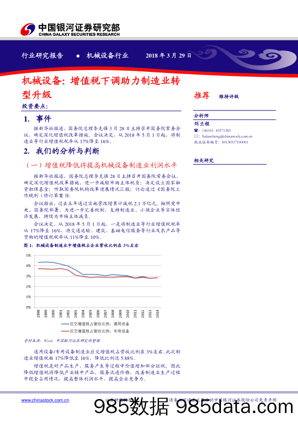 机械设备：增值税下调助力制造业转型升级_中国银河