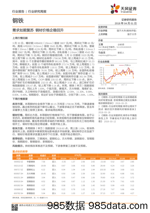 钢铁行业研究周报：需求如期复苏 钢材价格企稳回升_天风证券