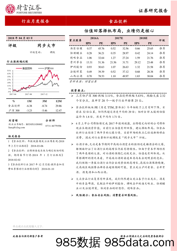 食品饮料行业月度报告：估值回落择机布局，业绩仍是核心_财富证券