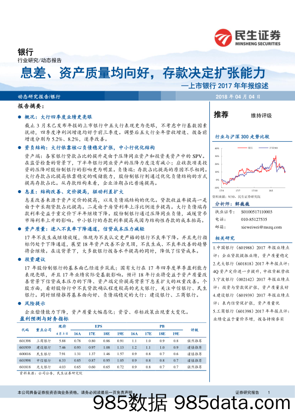 上市银行2017年年报综述：息差、资产质量均向好，存款决定扩张能力_民生证券