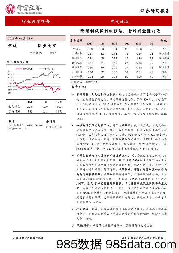 电气设备行业月报报告：配额制提振装机预期，看好新能源前景_财富证券