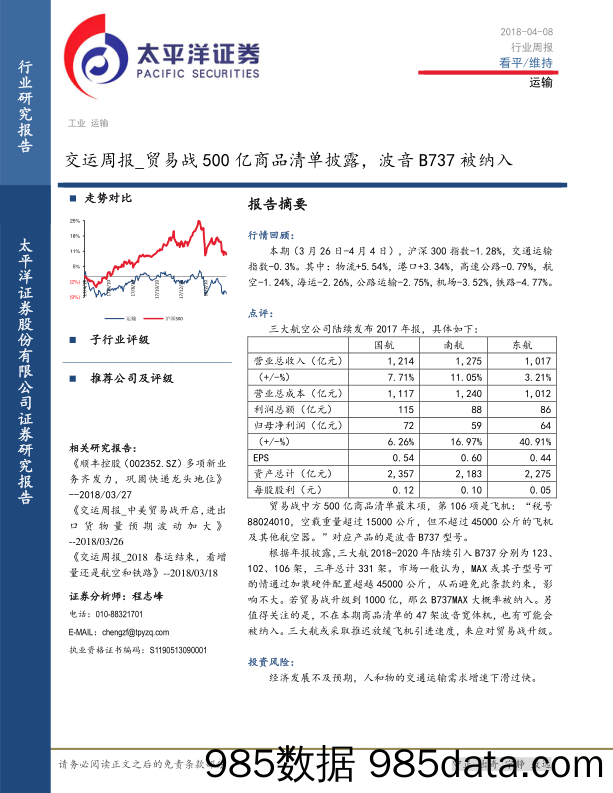 交运周报：贸易战500亿商品清单披露，波音B737被纳入_太平洋