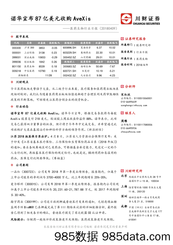 医药生物行业日报：诺华宣布87亿美元收购AveXis_川财证券