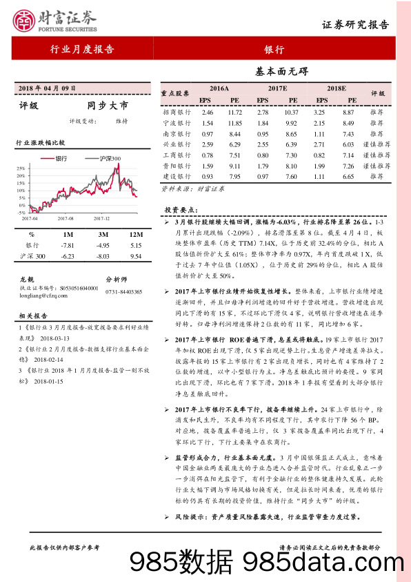 银行行业月度报告：基本面无碍_财富证券