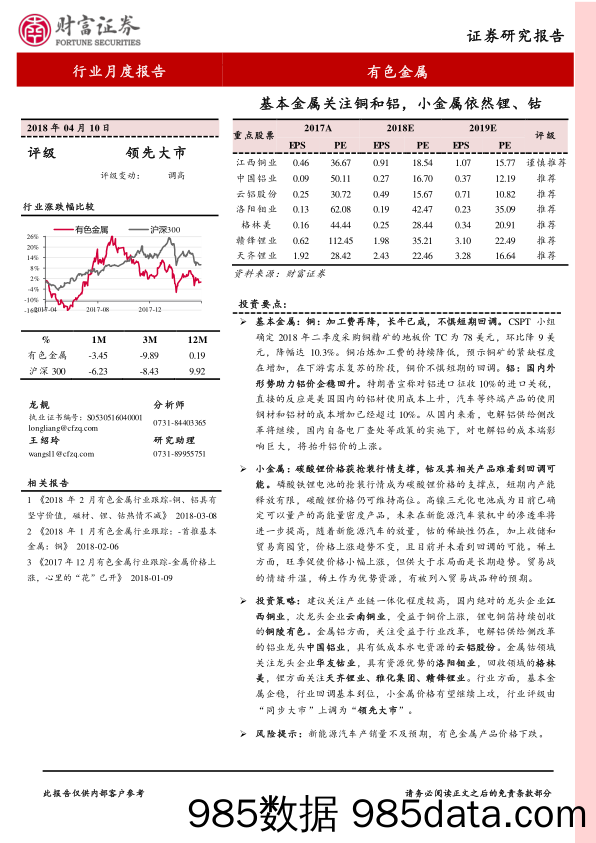 有色金属行业月度报告：基本金属关注铜和铝，小金属依然锂、钴_财富证券