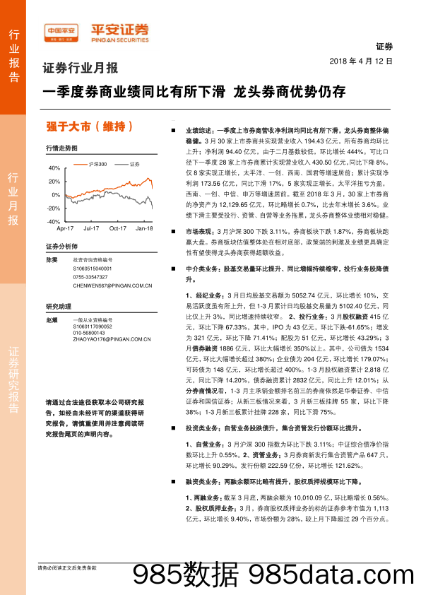 证券行业月报：一季度券商业绩同比有所下滑 龙头券商优势仍存_平安证券