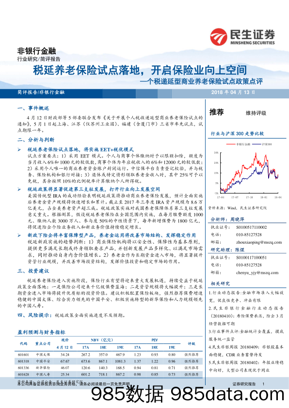 非银行金融：个税递延型商业养老保险试点政策点评：税延养老保险试点落地，开启保险业向上空间_民生证券