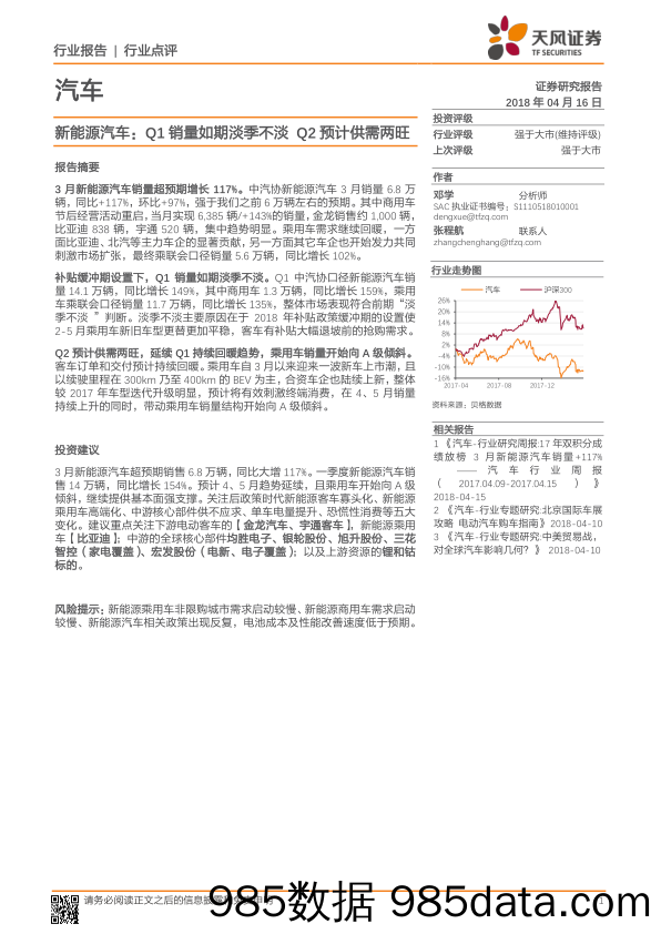 汽车：新能源汽车：Q1销量如期淡季不淡 Q2预计供需两旺_天风证券