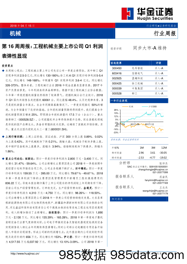 机械行业第16周周报：工程机械主要上市公司Q1利润表弹性显现_华金证券