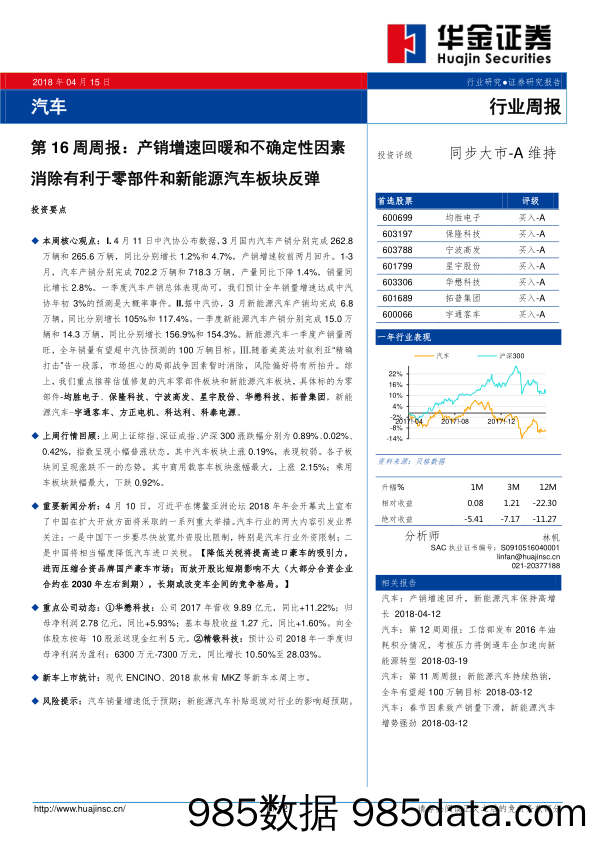 汽车第16周周报：产销增速回暖和不确定性因素消除有利于零部件和新能源汽车板块反弹_华金证券