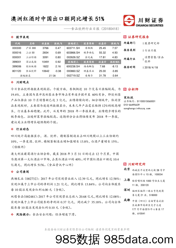 食品饮料行业日报：澳洲红酒对中国出口额同比增长51%_川财证券