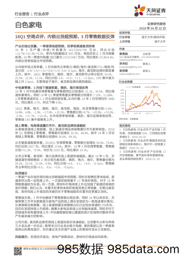 白色家电：18Q1空调点评：内销出货超预期， 3月零售数据反弹_天风证券