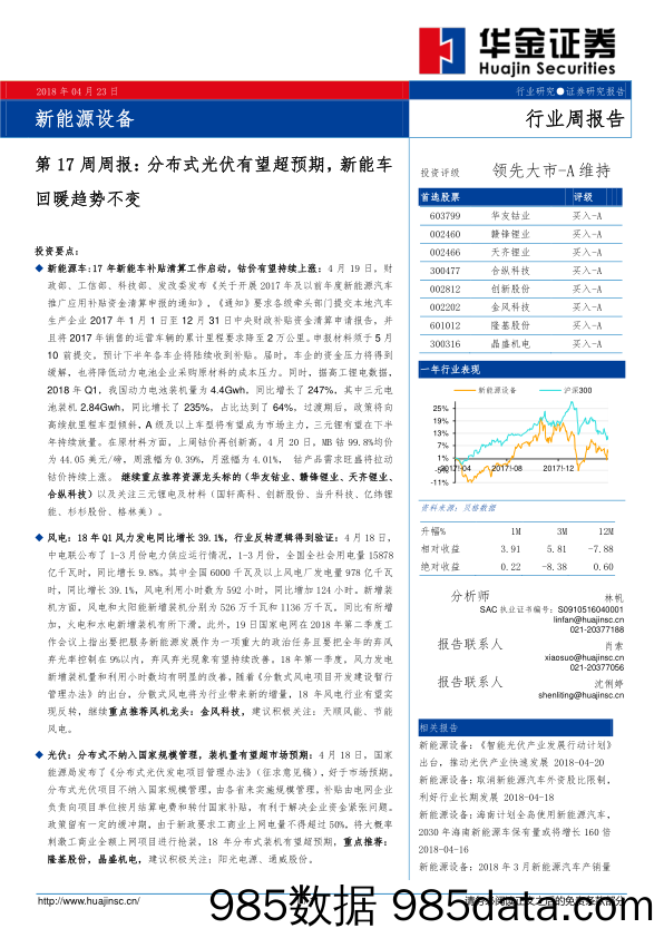 新能源设备第17周周报：分布式光伏有望超预期，新能车回暖趋势不变_华金证券