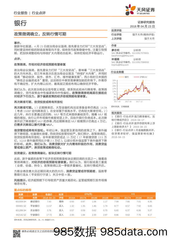 银行：政策微调确立，反转行情可期_天风证券