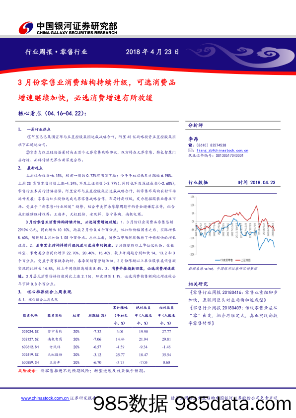 零售行业周报：3月份零售业消费结构持续升级，可选消费品增速继续加快，必选消费增速有所放缓_中国银河