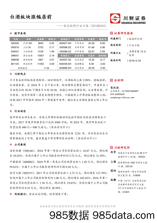 食品饮料行业日报：白酒板块涨幅居前_川财证券