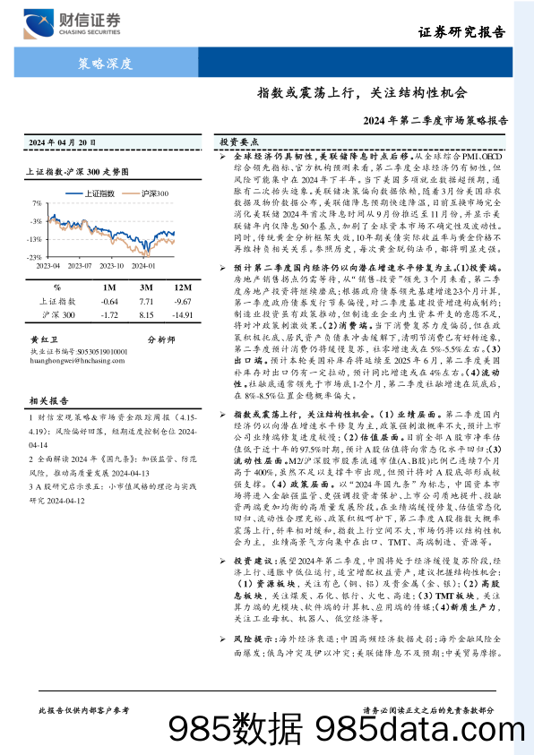 2024年第二季度市场策略报告：指数或震荡上行，关注结构性机会-240420-财信证券