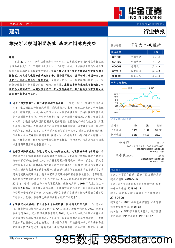 建筑行业快报：雄安新区规划纲要获批 基建和园林先受益_华金证券