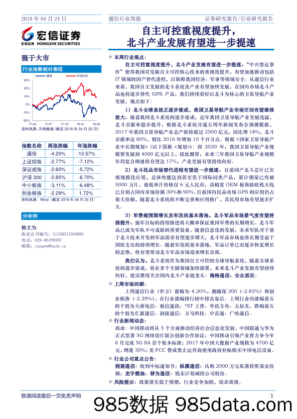 通信行业周报：自主可控重视度提升，北斗产业发展有望进一步提速_宏信证券