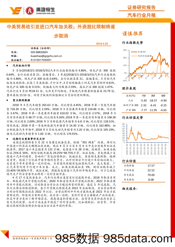 汽车行业月报：中美贸易战引发进口汽车加关税；外资股比限制将逐步取消_广证恒生证券研究所