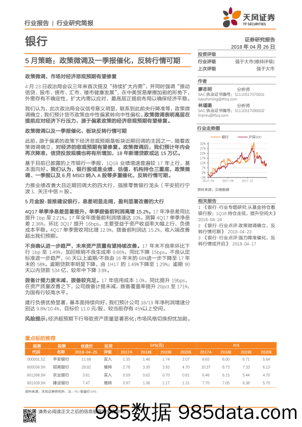 银行：5月策略：政策微调及一季报催化，反转行情可期_天风证券