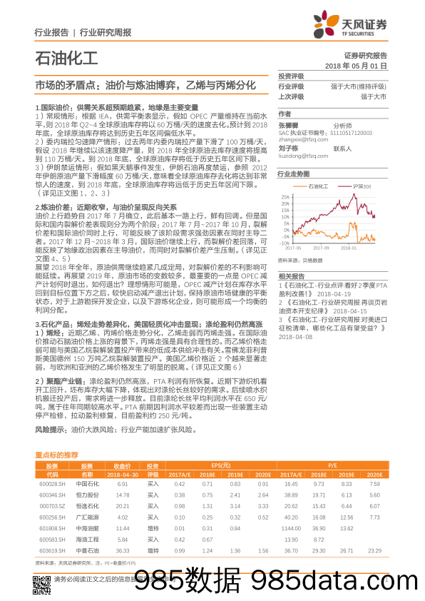 石油化工行业研究周报：市场的矛盾点：油价与炼油博弈，乙烯与丙烯分化_天风证券