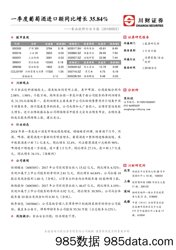 食品饮料行业日报：一季度葡萄酒进口额同比增长35.84%_川财证券