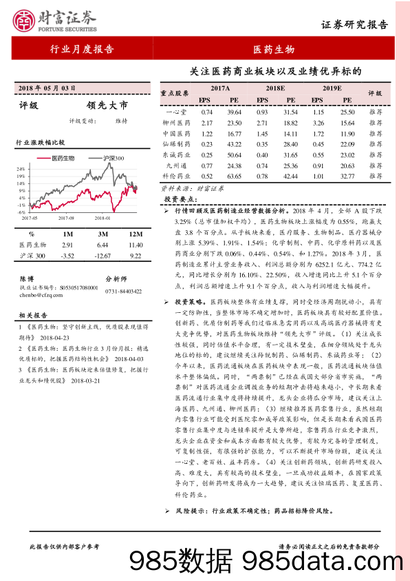 医药生物行业月报报告：关注医药商业板块以及业绩优异标的_财富证券