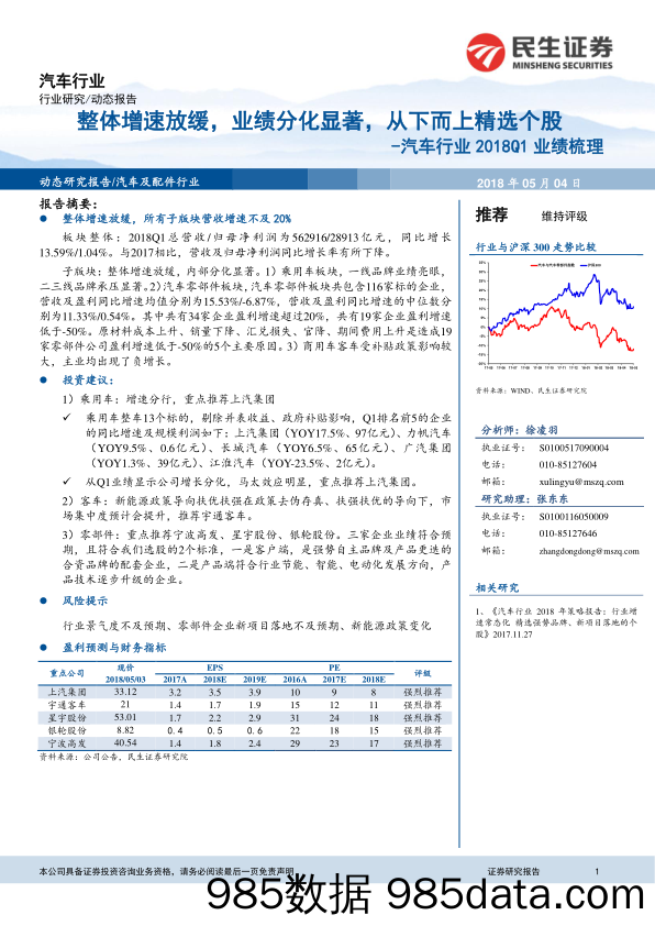 汽车行业2018Q1业绩梳理：整体增速放缓，业绩分化显著，从下而上精选个股_民生证券