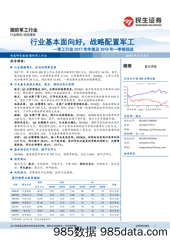 军工行业2017年年报及2018年一季报综述：行业基本面向好，战略配置军工_民生证券