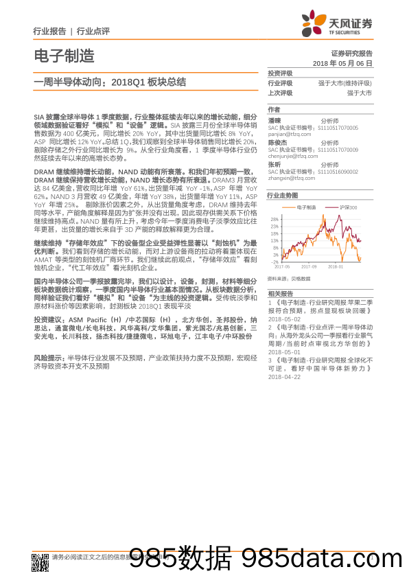 电子制造一周半导体动向：2018Q1板块总结_天风证券