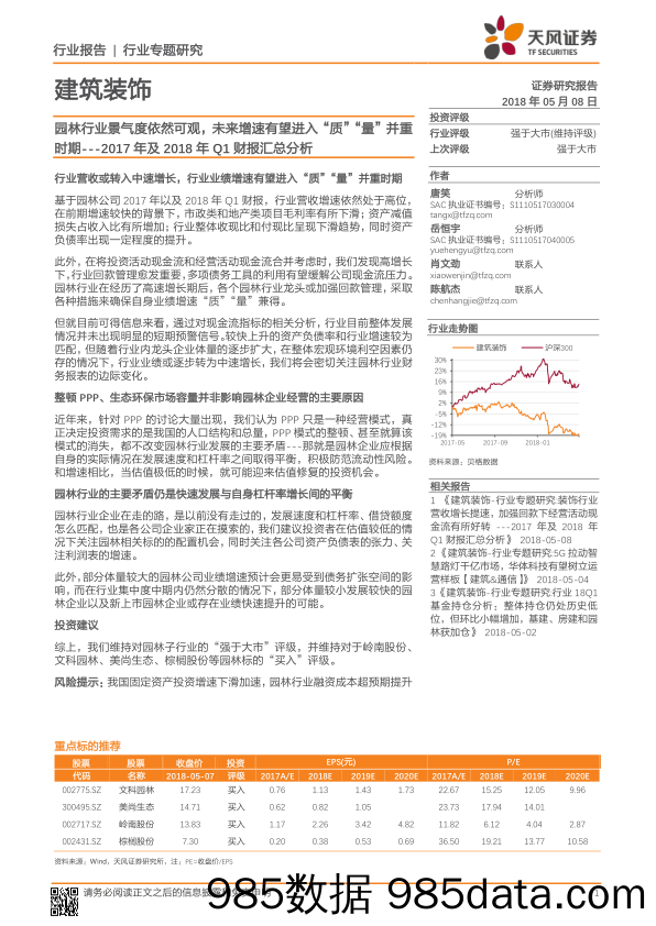 建筑装饰2017年及2018年Q1财报汇总分析：园林行业景气度依然可观，未来增速有望进入“质”“量”并重时期_天风证券