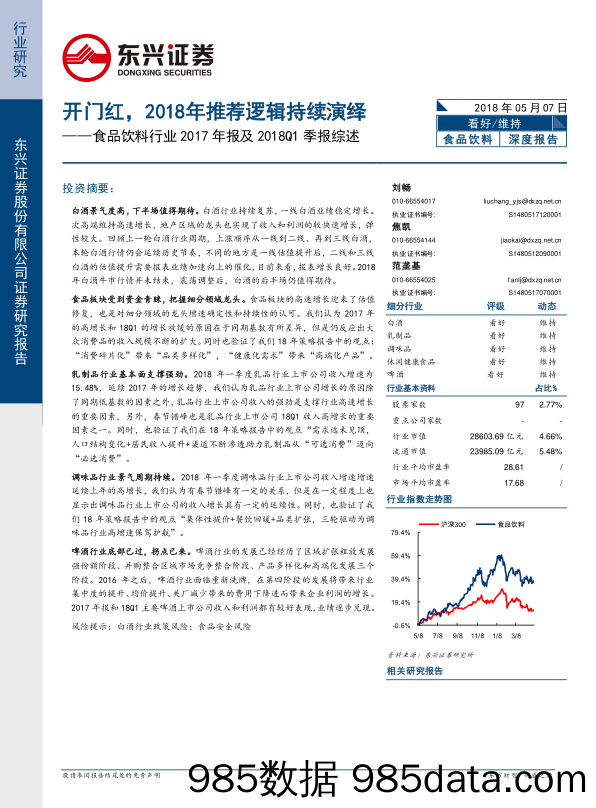 食品饮料行业2017年报及2018Q1季报综述：开门红，2018年推荐逻辑持续演绎_东兴证券