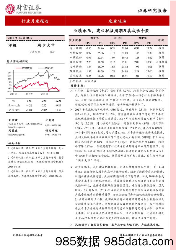 农林牧渔：业绩承压，建议把握周期及真成长个股_财富证券