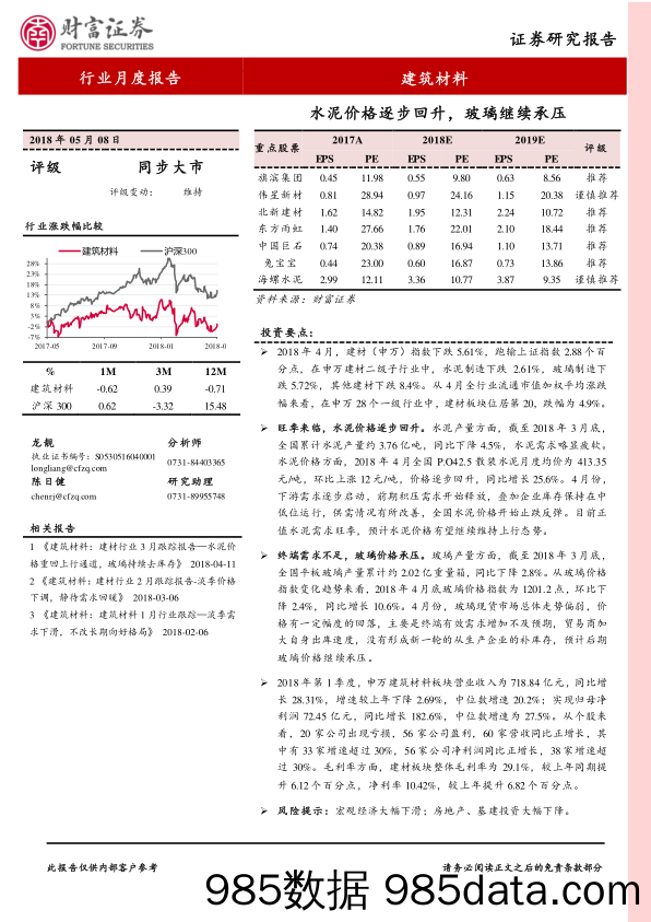 建材行业4月跟踪报告：水泥价格逐步回升，玻璃继续承压_财富证券