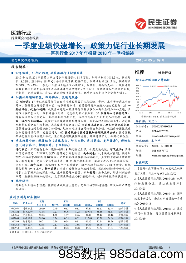 医药行业2017年年报暨2018年一季报综述：一季度业绩快速增长，政策力促行业长期发展_民生证券