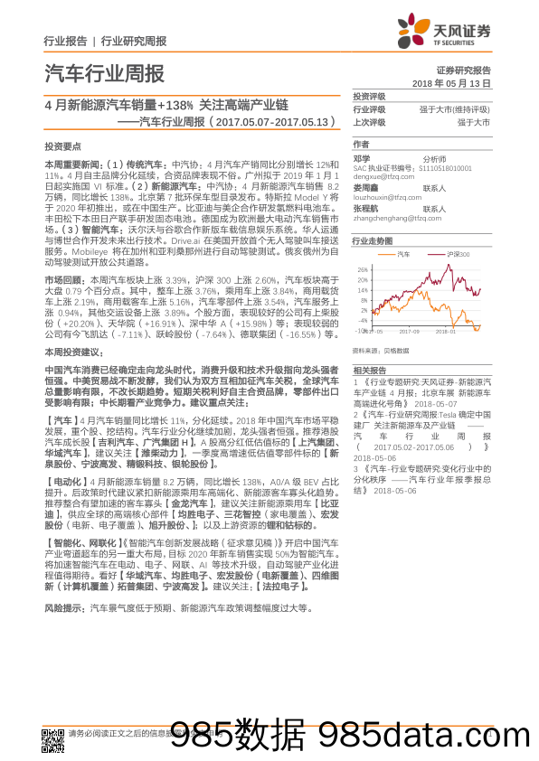 汽车行业周报：4月新能源汽车销量+138% 关注高端产业链_天风证券