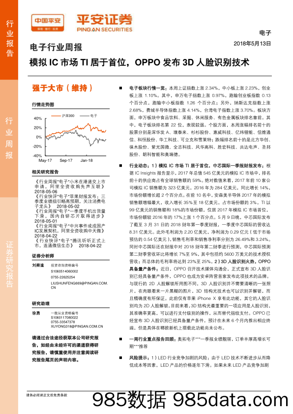 电子行业周报：模拟IC市场TI居于首位，OPPO发布3D人脸识别技术_平安证券