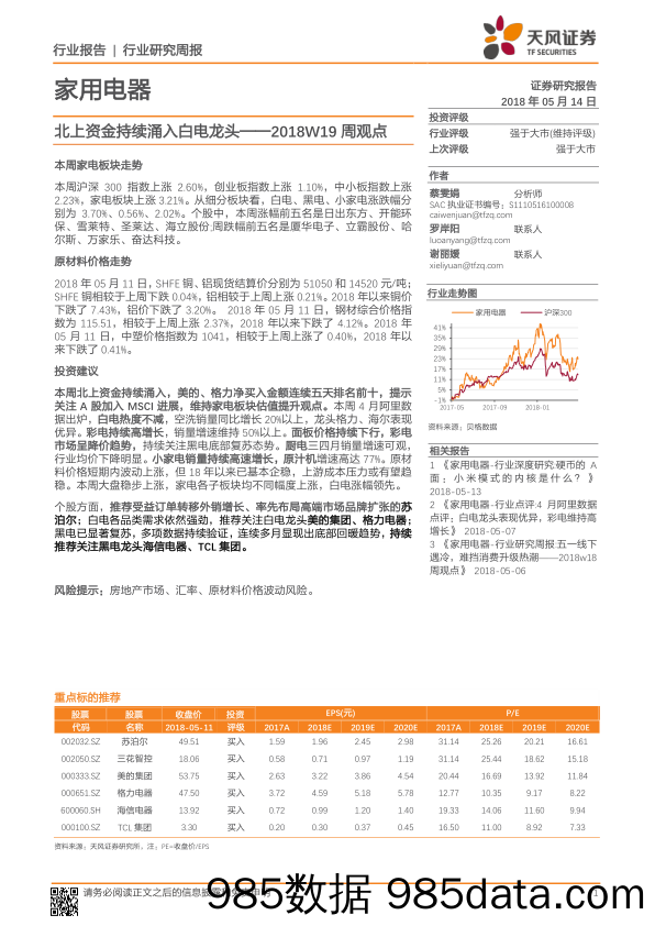 家用电器：2018W19周观点：北上资金持续涌入白电龙头_天风证券