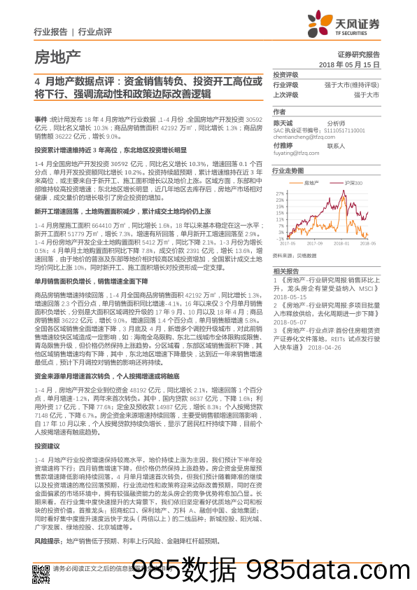 4月地产数据点评：资金销售转负、投资开工高位或将下行、强调流动性和政策边际改善逻辑_天风证券