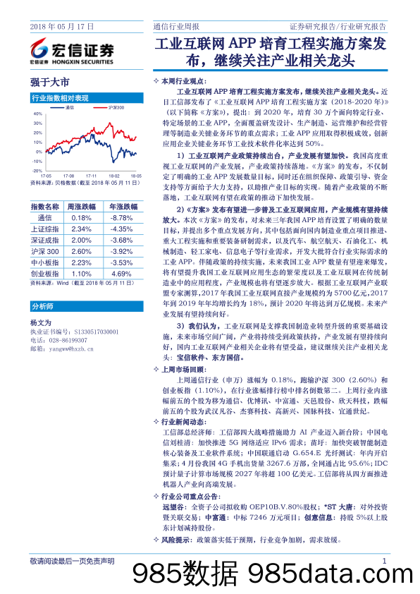 通信行业周报：工业互联网APP培育工程实施方案发布，继续关注产业相关龙头_宏信证券