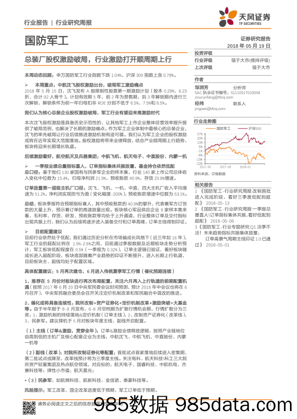 国防军工行业研究周报：总装厂股权激励破局，行业激励打开顺周期上行_天风证券