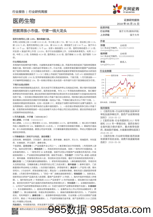 医药生物行业研究周报：挖掘滞涨小市值，守望一线大龙头_天风证券