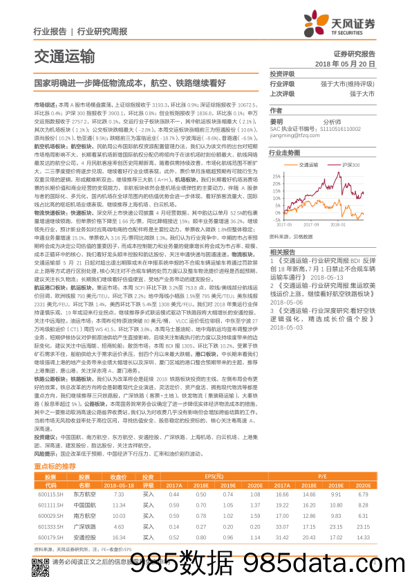 交通运输行业研究周报：国家明确进一步降低物流成本，航空、铁路继续看好_天风证券